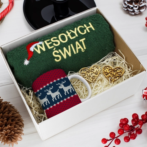 PREZENT NA ŚWIĘTA KUBEK + RĘCZNIK Z HAFTEM ŚWIĄTECZNY ZESTAW MIKOŁAJ