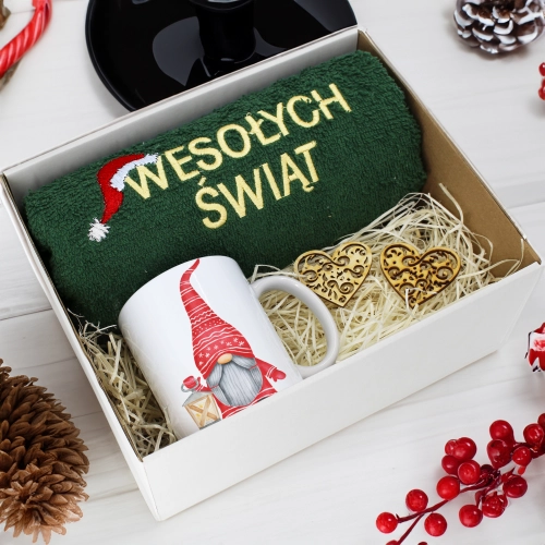 PREZENT NA ŚWIĘTA KUBEK + RĘCZNIK Z HAFTEM ŚWIĄTECZNY ZESTAW MIKOŁAJ