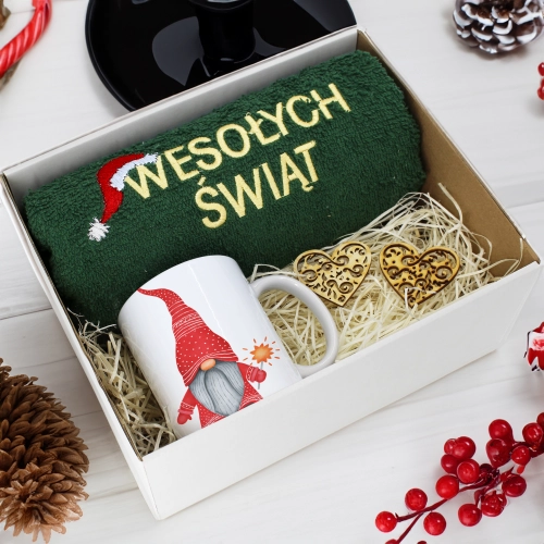 PREZENT NA ŚWIĘTA KUBEK + RĘCZNIK Z HAFTEM ŚWIĄTECZNY ZESTAW MIKOŁAJ