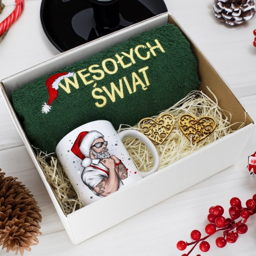 PREZENT NA ŚWIĘTA KUBEK + RĘCZNIK Z HAFTEM ŚWIĄTECZNY ZESTAW MIKOŁAJ