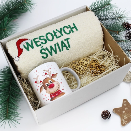 PREZENT NA ŚWIĘTA KUBEK + RĘCZNIK Z HAFTEM ŚWIĄTECZNY ZESTAW MIKOŁAJ