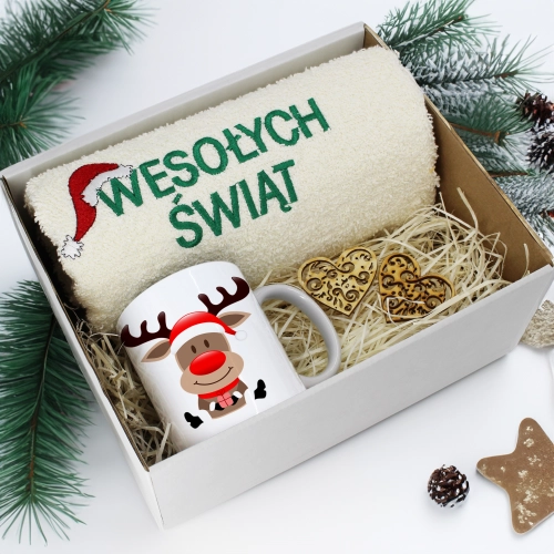 PREZENT NA ŚWIĘTA KUBEK + RĘCZNIK Z HAFTEM ŚWIĄTECZNY ZESTAW MIKOŁAJ