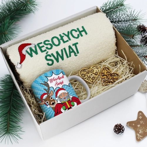 PREZENT NA ŚWIĘTA KUBEK + RĘCZNIK Z HAFTEM ŚWIĄTECZNY ZESTAW MIKOŁAJ