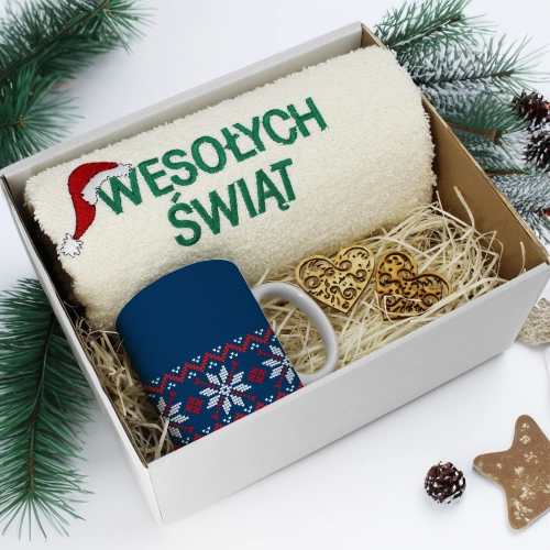 PREZENT NA ŚWIĘTA KUBEK + RĘCZNIK Z HAFTEM ŚWIĄTECZNY ZESTAW MIKOŁAJ