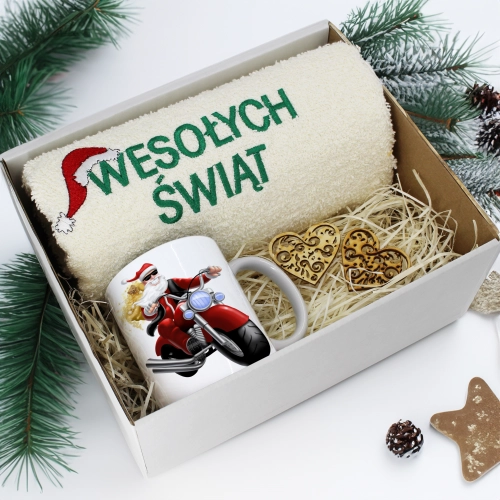 PREZENT NA ŚWIĘTA KUBEK + RĘCZNIK Z HAFTEM ŚWIĄTECZNY ZESTAW MIKOŁAJ