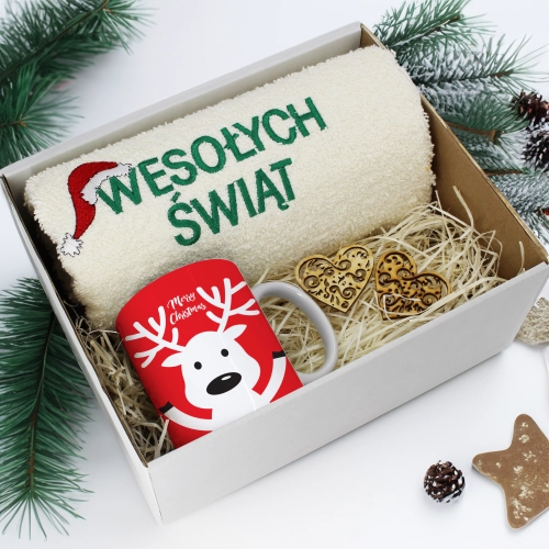 PREZENT NA ŚWIĘTA KUBEK + RĘCZNIK Z HAFTEM ŚWIĄTECZNY ZESTAW MIKOŁAJ