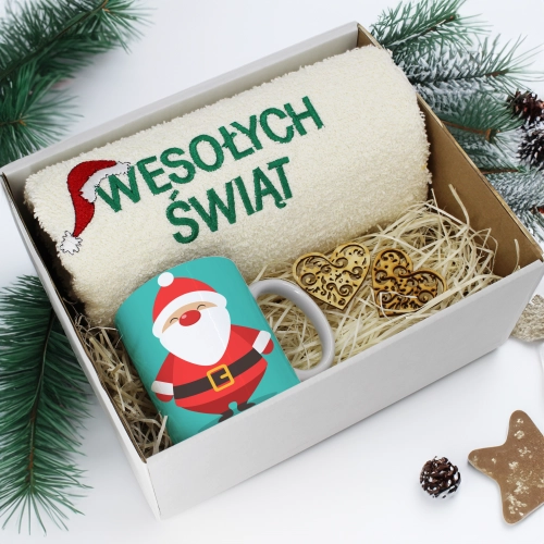 PREZENT NA ŚWIĘTA KUBEK + RĘCZNIK Z HAFTEM ŚWIĄTECZNY ZESTAW MIKOŁAJ