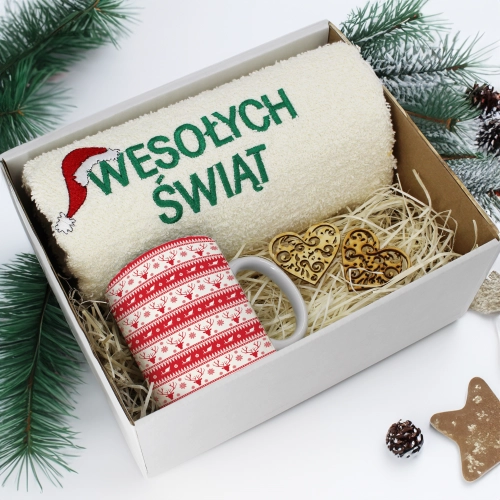 PREZENT NA ŚWIĘTA KUBEK + RĘCZNIK Z HAFTEM ŚWIĄTECZNY ZESTAW MIKOŁAJ