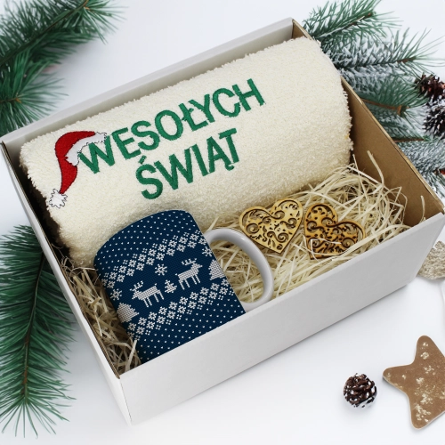 PREZENT NA ŚWIĘTA KUBEK + RĘCZNIK Z HAFTEM ŚWIĄTECZNY ZESTAW MIKOŁAJ