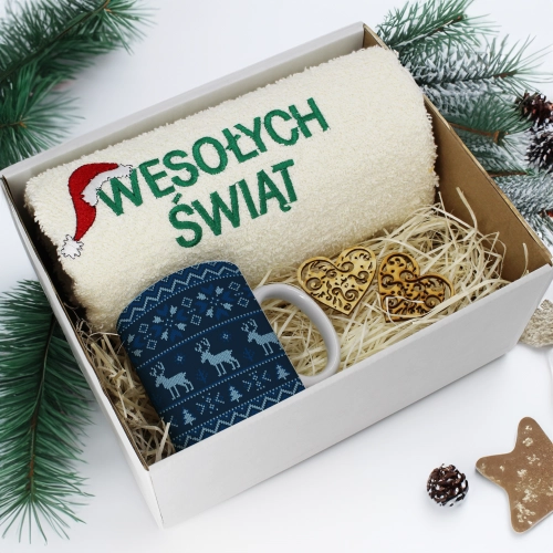 PREZENT NA ŚWIĘTA KUBEK + RĘCZNIK Z HAFTEM ŚWIĄTECZNY ZESTAW MIKOŁAJ