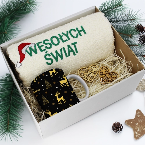 PREZENT NA ŚWIĘTA KUBEK + RĘCZNIK Z HAFTEM ŚWIĄTECZNY ZESTAW MIKOŁAJ