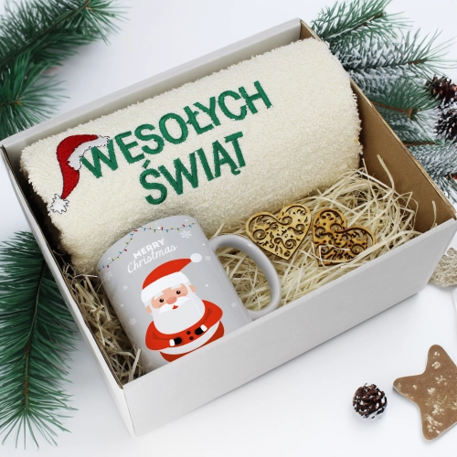 PREZENT NA ŚWIĘTA KUBEK + RĘCZNIK Z HAFTEM ŚWIĄTECZNY ZESTAW MIKOŁAJ