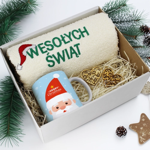 PREZENT NA ŚWIĘTA KUBEK + RĘCZNIK Z HAFTEM ŚWIĄTECZNY ZESTAW MIKOŁAJ