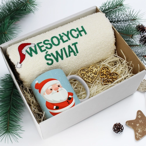 PREZENT NA ŚWIĘTA KUBEK + RĘCZNIK Z HAFTEM ŚWIĄTECZNY ZESTAW MIKOŁAJ