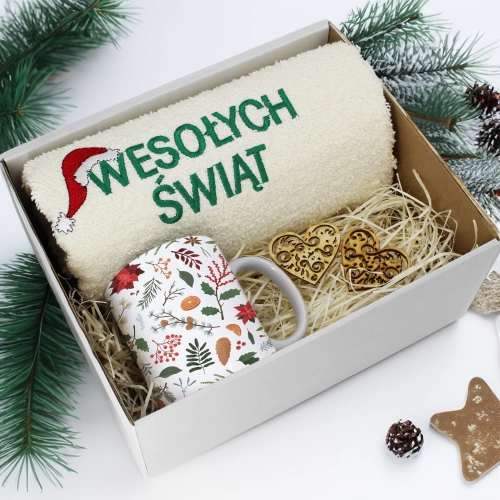 PREZENT NA ŚWIĘTA KUBEK + RĘCZNIK Z HAFTEM ŚWIĄTECZNY ZESTAW MIKOŁAJ