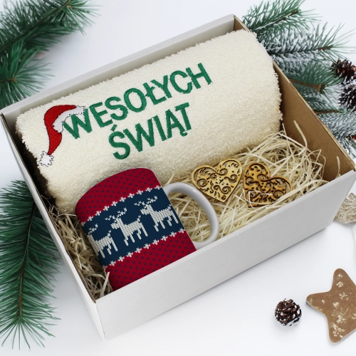 PREZENT NA ŚWIĘTA KUBEK + RĘCZNIK Z HAFTEM ŚWIĄTECZNY ZESTAW MIKOŁAJ