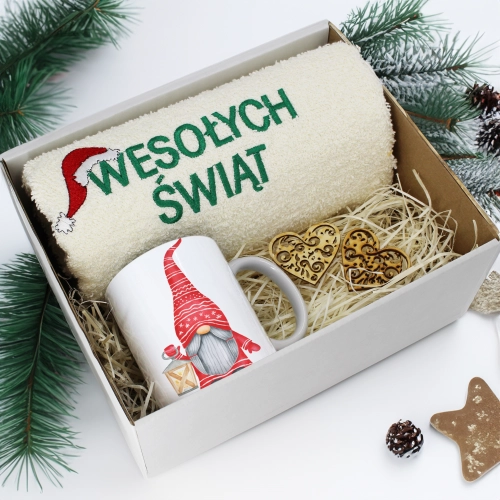 PREZENT NA ŚWIĘTA KUBEK + RĘCZNIK Z HAFTEM ŚWIĄTECZNY ZESTAW MIKOŁAJ