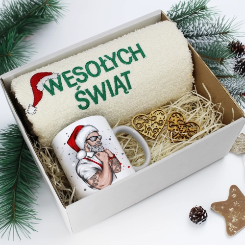 PREZENT NA ŚWIĘTA KUBEK + RĘCZNIK Z HAFTEM ŚWIĄTECZNY ZESTAW MIKOŁAJ