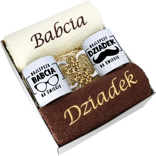 PREZENT DZIEŃ BABCI I DZIADKA RĘCZNIKI KUBKI HAFT