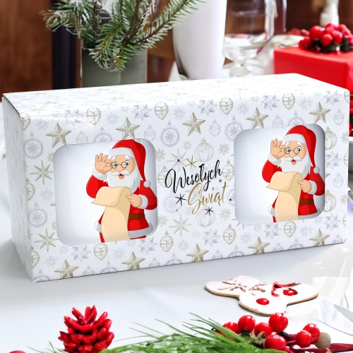 ŚWIĄTECZNY KOMPLET KUBKÓW 330ml NA PREZENT MIKOŁAJ ZESTAW W PUDEŁKU DRUK