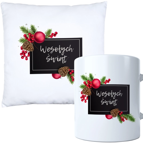 ŚWIĄTECZNY KOMPLET PODUSZKA I KUBEK Z DRUKIEM NA ŚWIĘTA MIKOŁAJA PREZENT