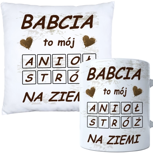 KOMPLET PREZENT DLA BABCI PODUSZKA 40x40 KUBEK 330ml BABCIA ZESTAW