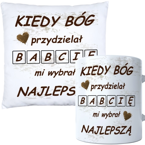 KOMPLET PREZENT DLA BABCI PODUSZKA 40x40 KUBEK 330ml BABCIA ZESTAW