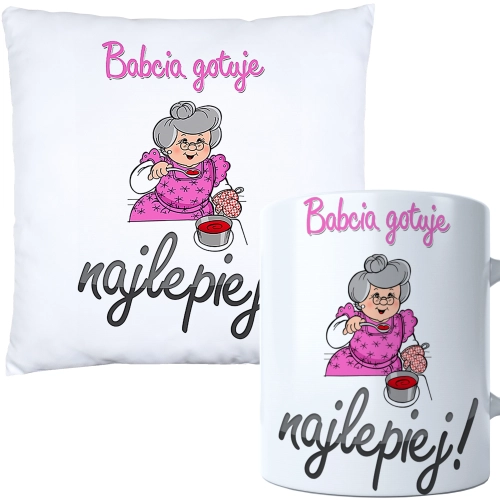 KOMPLET PREZENT DLA BABCI PODUSZKA 40x40 KUBEK 330ml BABCIA ZESTAW