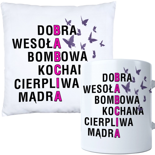 KOMPLET PREZENT DLA BABCI PODUSZKA 40x40 KUBEK 330ml BABCIA ZESTAW
