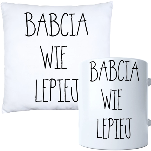 KOMPLET PREZENT DLA BABCI PODUSZKA 40x40 KUBEK 330ml BABCIA ZESTAW