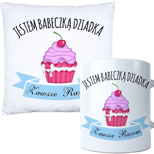 KOMPLET PREZENT DLA BABCI PODUSZKA 40x40 KUBEK 330ml BABCIA ZESTAW