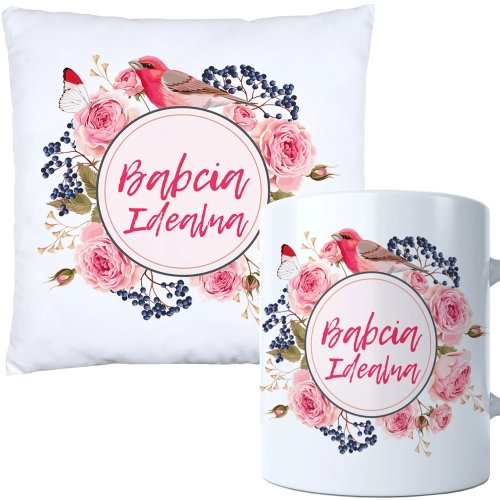 KOMPLET PREZENT DLA BABCI PODUSZKA 40x40 KUBEK 330ml BABCIA ZESTAW