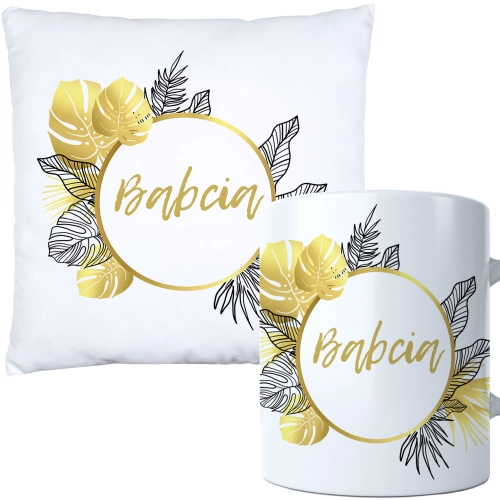 KOMPLET PREZENT DLA BABCI PODUSZKA 40x40 KUBEK 330ml BABCIA ZESTAW