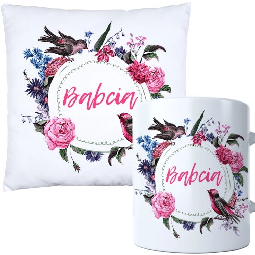 KOMPLET PREZENT DLA BABCI PODUSZKA 40x40 KUBEK 330ml BABCIA ZESTAW