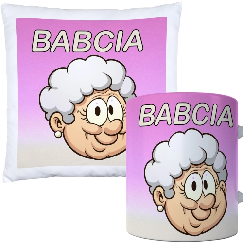 KOMPLET PREZENT DLA BABCI PODUSZKA 40x40 KUBEK 330ml BABCIA ZESTAW