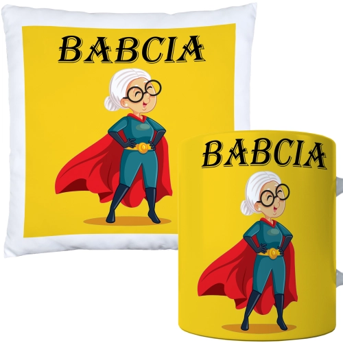 KOMPLET PREZENT DLA BABCI PODUSZKA 40x40 KUBEK 330ml BABCIA ZESTAW