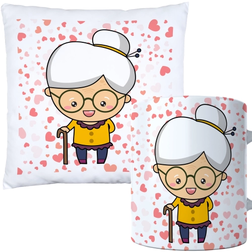 KOMPLET PREZENT DLA BABCI PODUSZKA 40x40 KUBEK 330ml BABCIA ZESTAW