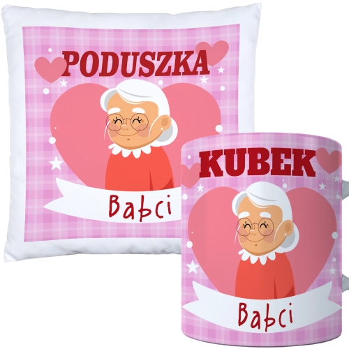 KOMPLET PREZENT DLA BABCI PODUSZKA 40x40 KUBEK 330ml BABCIA ZESTAW