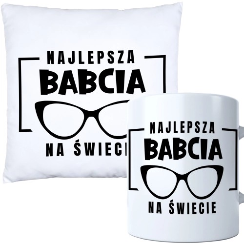 KOMPLET PREZENT DLA BABCI PODUSZKA 40x40 KUBEK 330ml BABCIA ZESTAW