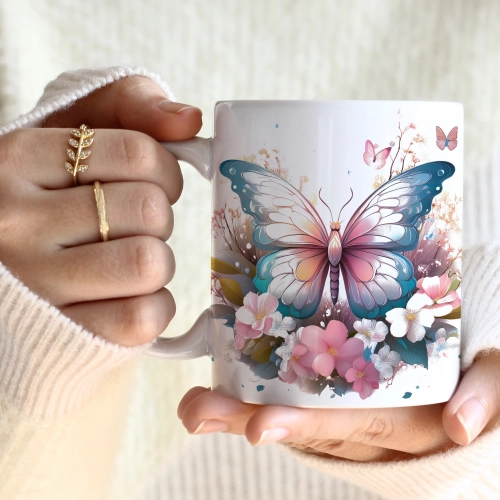 WIOSENNY WIELKANOCNY KUBEK 330ml NA PREZENT KAWĘ HERBATĘ WIOSNA MOTYL