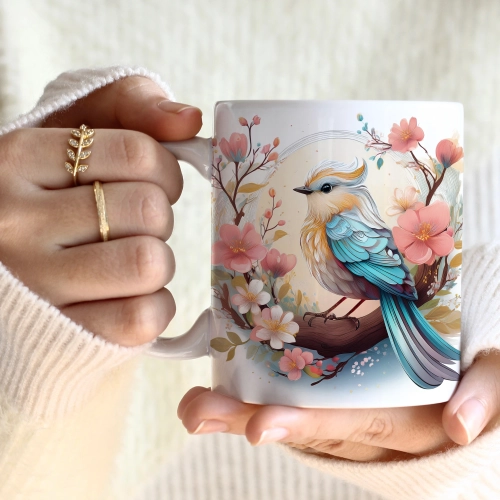 WIOSENNY WIELKANOCNY KUBEK 330ml NA PREZENT KAWĘ HERBATĘ WIOSNA PTAK