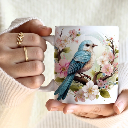 WIOSENNY WIELKANOCNY KUBEK 330ml NA PREZENT KAWĘ HERBATĘ WIOSNA PTAK