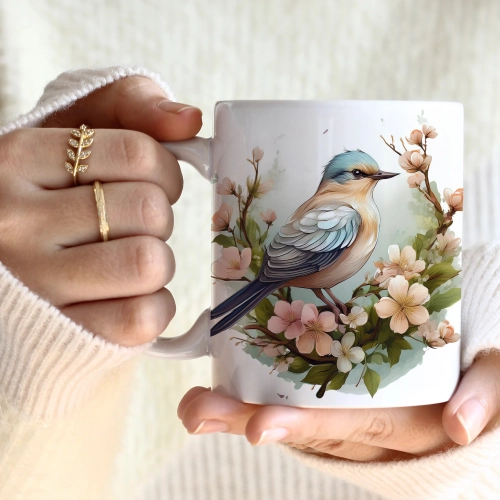 WIOSENNY WIELKANOCNY KUBEK 330ml NA PREZENT KAWĘ HERBATĘ WIOSNA PTAK