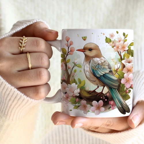 WIOSENNY WIELKANOCNY KUBEK 330ml NA PREZENT KAWĘ HERBATĘ WIOSNA PTAK