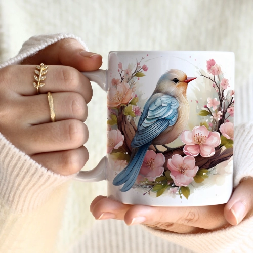 WIOSENNY WIELKANOCNY KUBEK 330ml NA PREZENT KAWĘ HERBATĘ WIOSNA PTAK