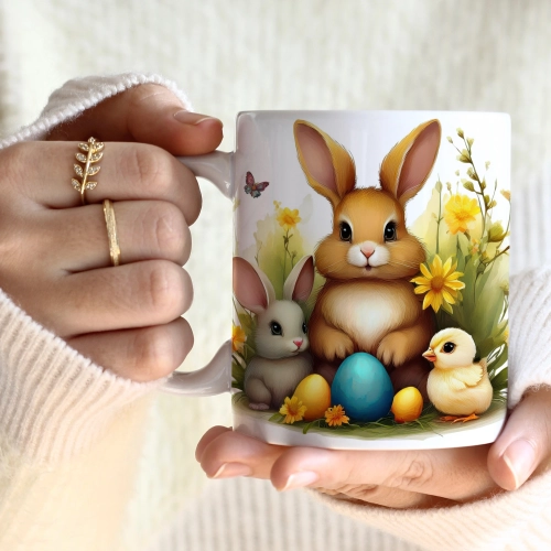 WIOSENNY WIELKANOCNY KUBEK 330ml NA PREZENT KAWĘ HERBATĘ WIOSNA KRÓLIK