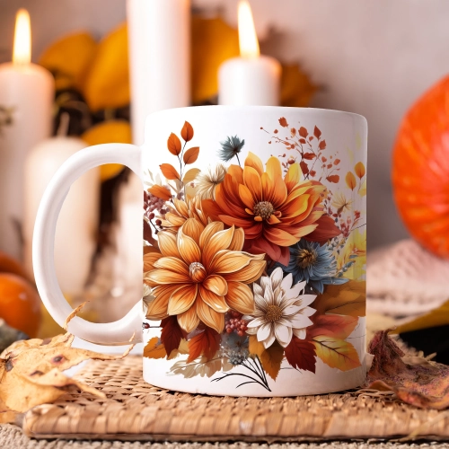 JESIENNY KUBEK 330ml NA HERBATĘ KAWĘ NA PREZENT JESIEŃ JESIENNE KWIATY