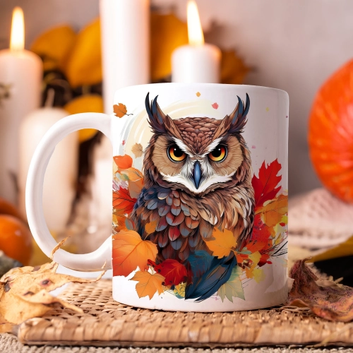 JESIENNY KUBEK 330ml NA HERBATĘ KAWĘ NA PREZENT JESIEŃ SOWA PTAK