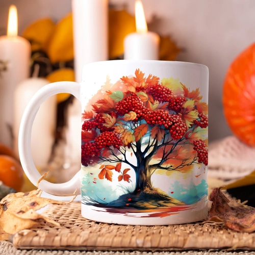 JESIENNY KUBEK 330ml NA HERBATĘ KAWĘ NA PREZENT JESIEŃ DRZEWO LAS JARZĘBINA