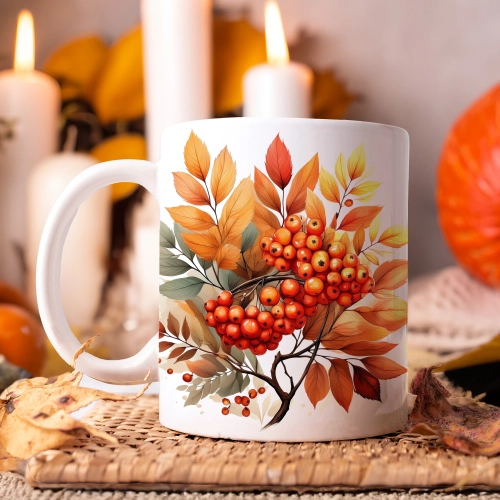 JESIENNY KUBEK 330ml NA HERBATĘ KAWĘ NA PREZENT JESIEŃ LIŚCIE JARZĘBINA